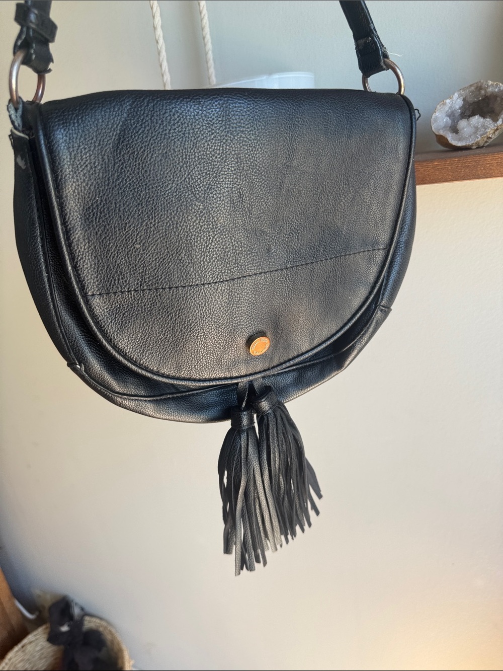 Calvin Klein Black Leather Tassel Crossbody Bag